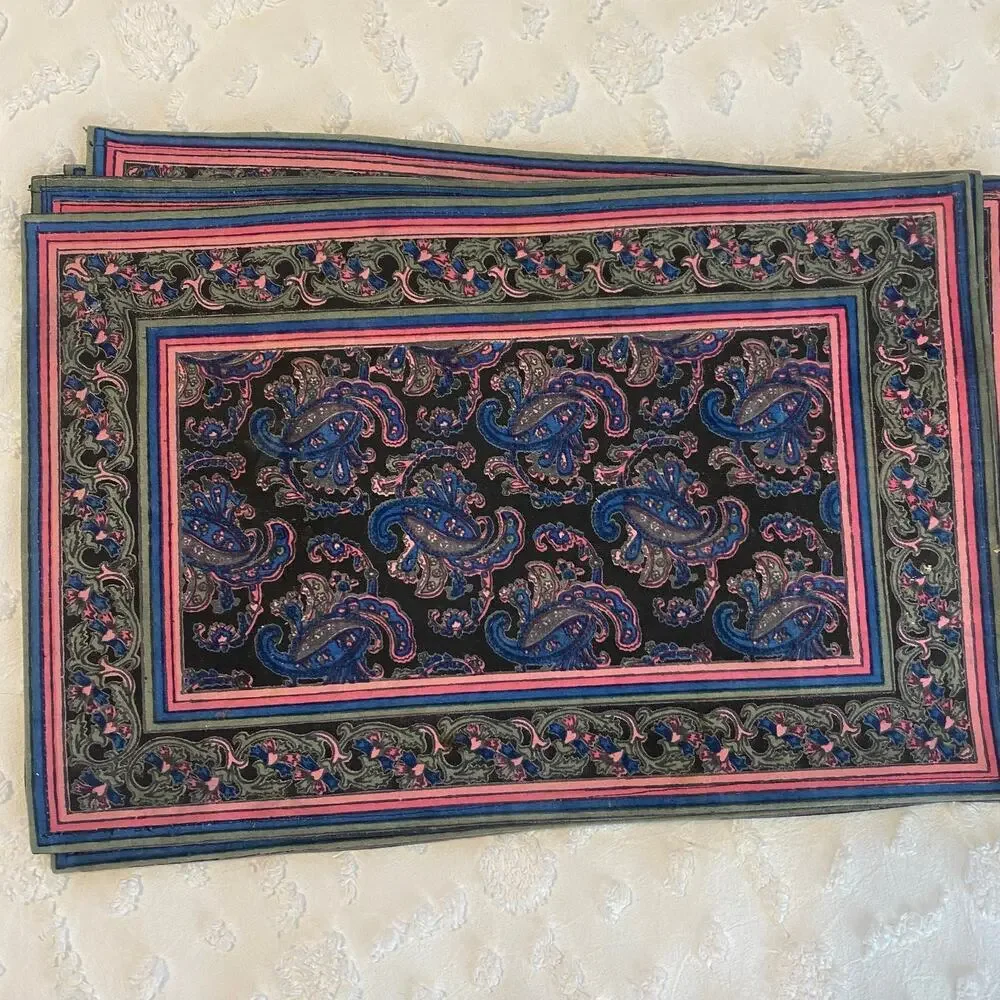 Set of 8 Cotton Placemats Block Printed Made in India Paisley Colorful